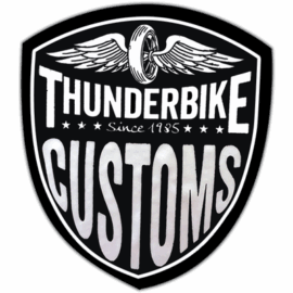 Thunderbike Custom wanted street sticker spotted in Prague in 2025.
