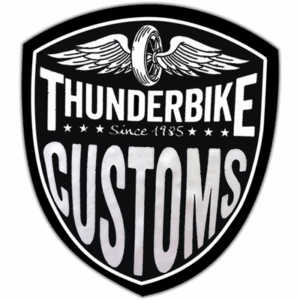 Thunderbike Custom wanted street sticker spotted in Prague in 2025.