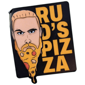Rud's Pizza sticker spotted in Prague in 2026