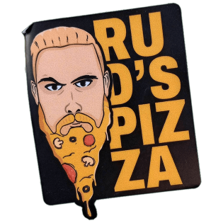 Rud's Pizza sticker spotted in Prague in 2026
